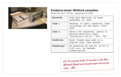 The evidence sheet for the listener's tapes