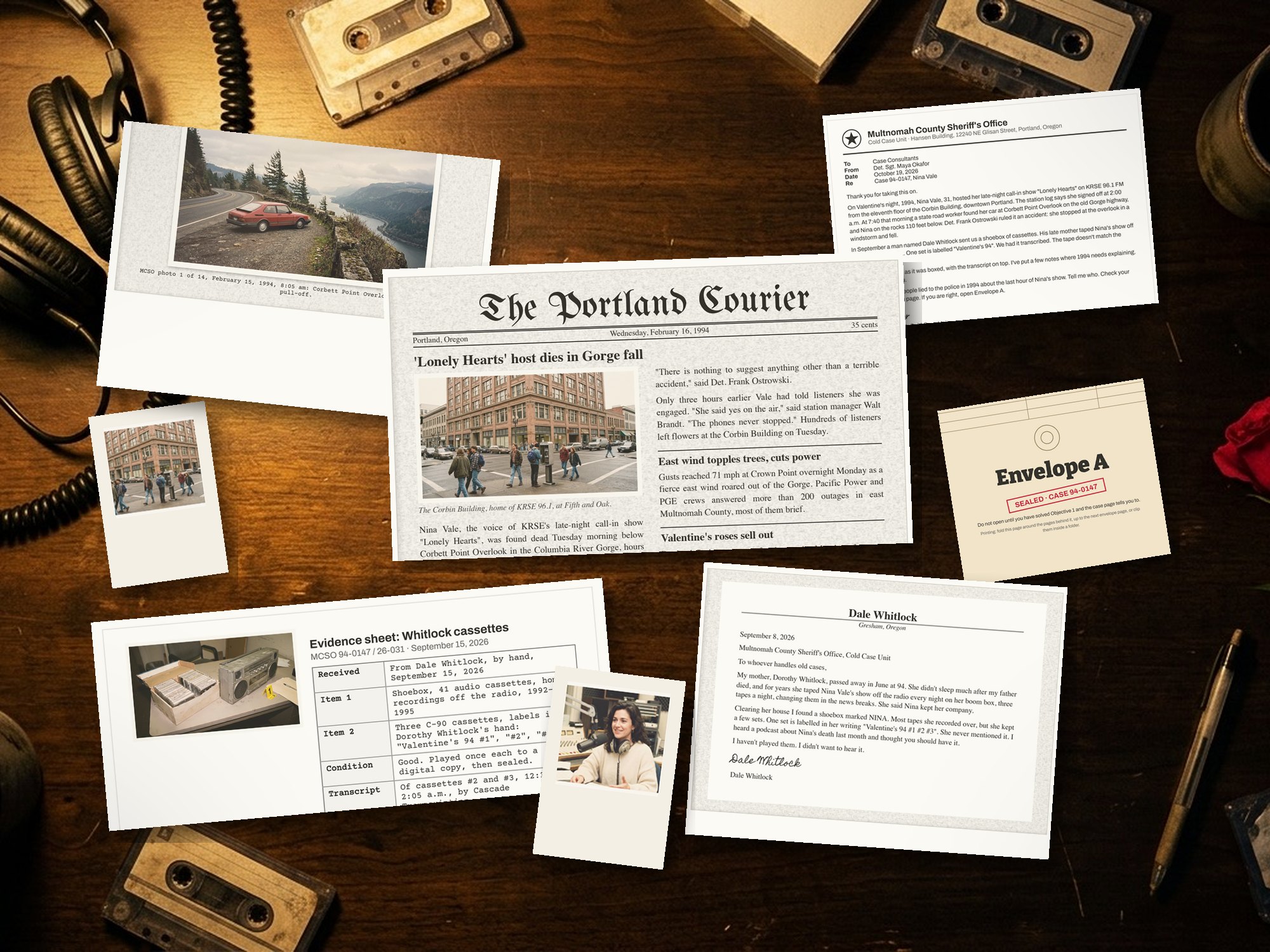 Lonely Hearts: real printed pages from the case file on a desk