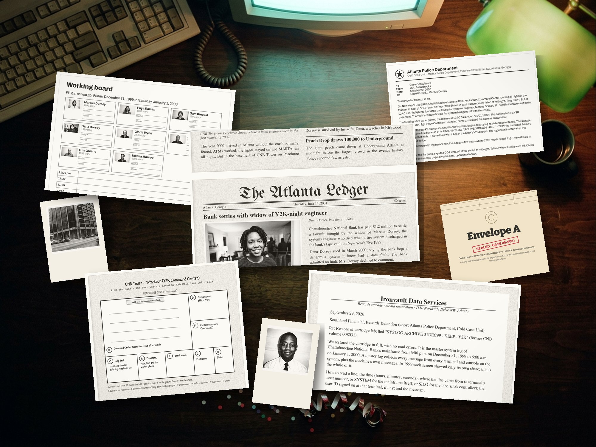 Millennium Night: real printed pages from the case file on a desk
