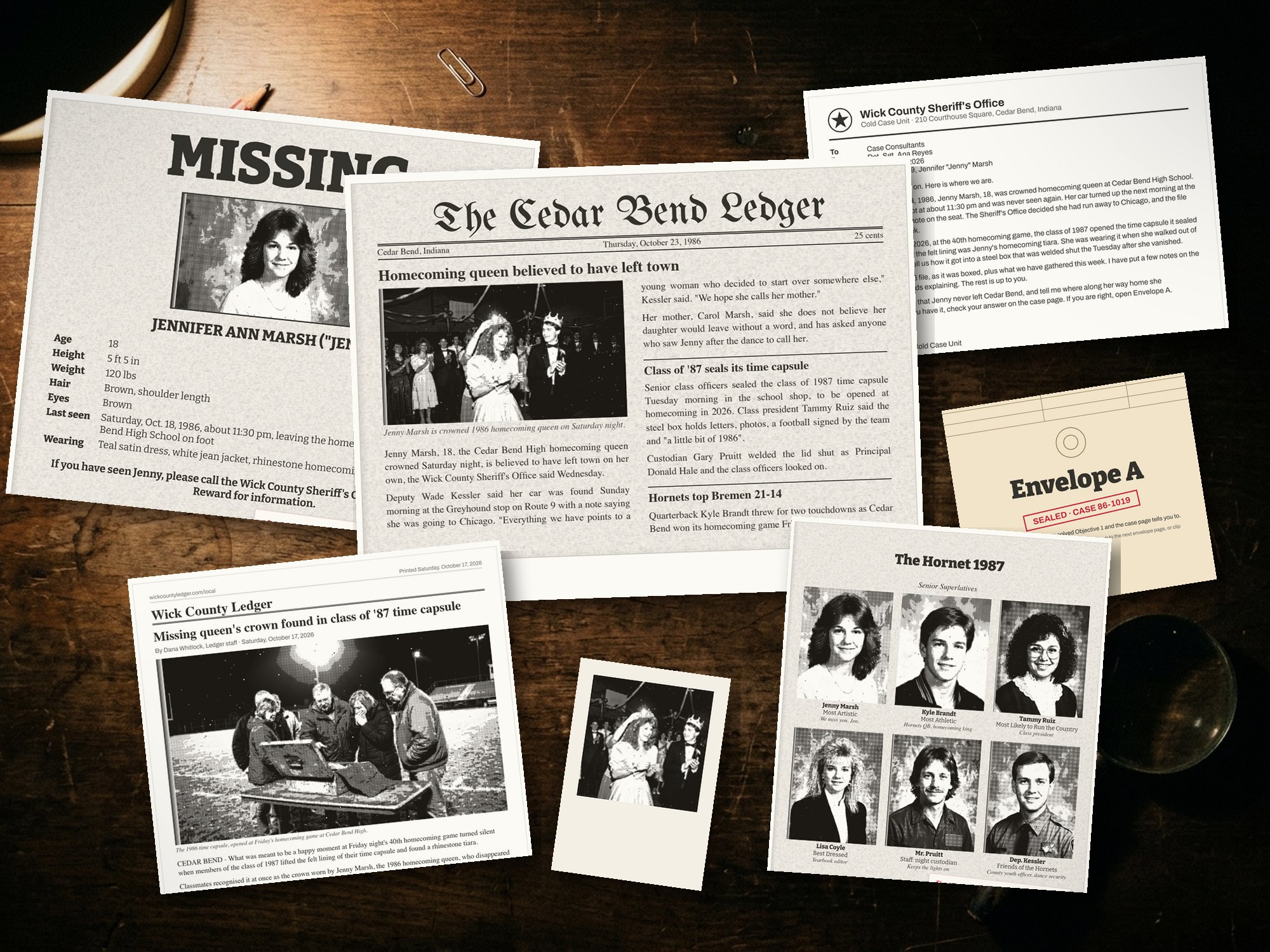 The Homecoming Queen: real printed pages from the case file on a desk
