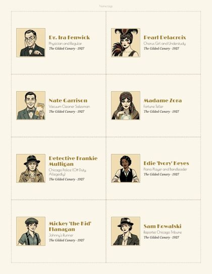 Name tags with each character's portrait