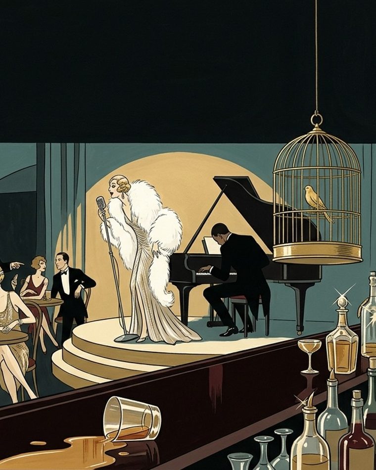 A 1920s speakeasy: a singer in a white feather boa, a pianist and a gilded birdcage