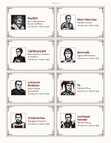 Name tags with each character's woodcut portrait