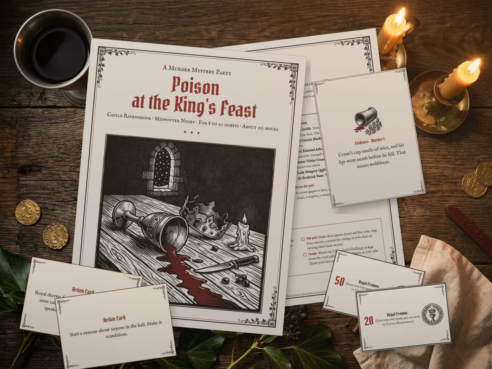 Poison at the King's Feast: real printed pages of the kit laid out on a party table