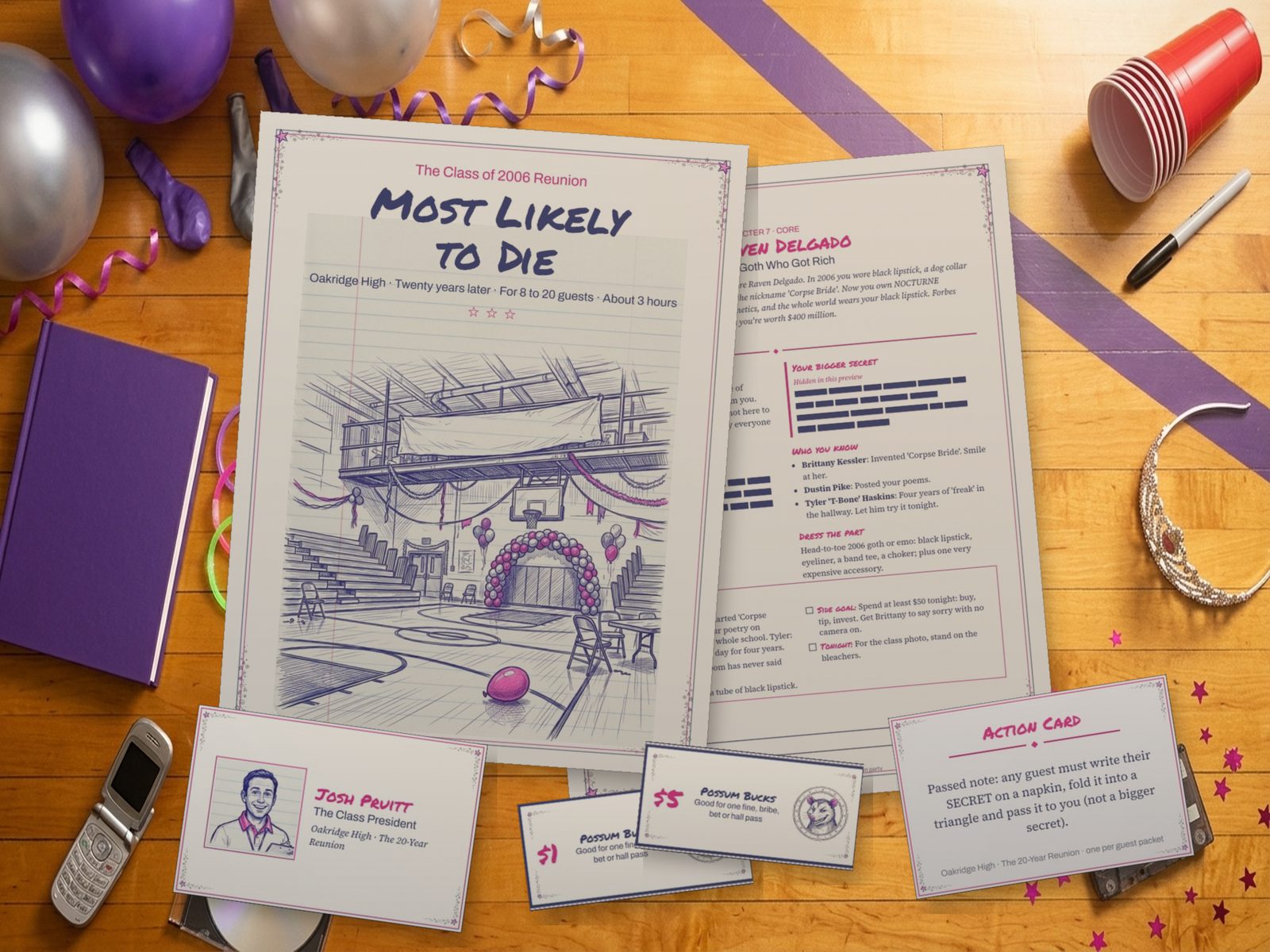 Most Likely to Die: real printed pages of the kit laid out on a party table