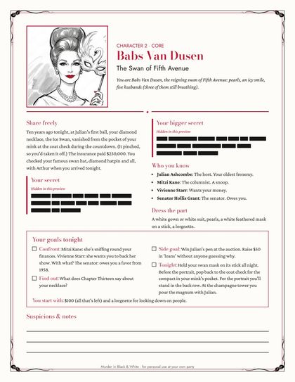 Babs Van Dusen's character card (secrets blacked out in this preview)