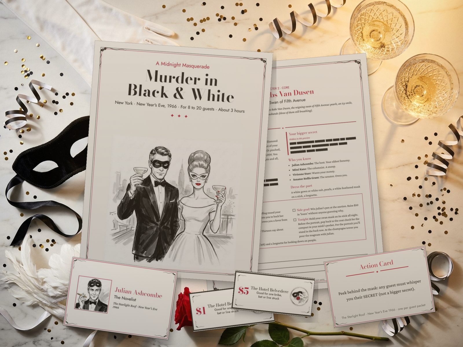 Murder in Black & White: real printed pages of the kit laid out on a party table