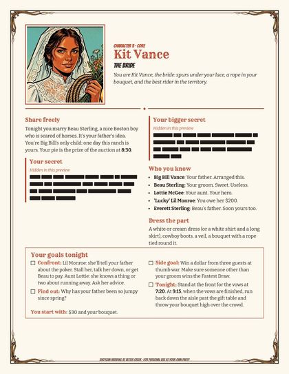 Kit Vance's character card (secrets blacked out in this preview)