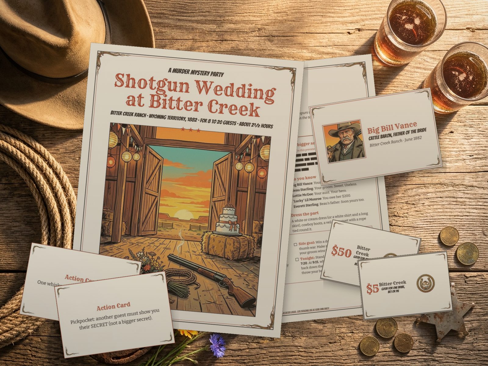 Shotgun Wedding at Bitter Creek: real printed pages of the kit laid out on a party table