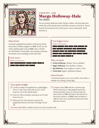 Margo's character card (secrets blacked out in this preview)